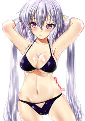 Rule 34 | 1girl, bikini, black bikini, blush, breasts, cameltoe, cleavage, closed mouth, collarbone, female focus, groin, hair ornament, hair ribbon, highres, k.m.station, large breasts, long hair, monochrome background, navel, purple eyes, ribbon, senki zesshou symphogear, shiny clothes, shiny skin, simple background, solo, swimsuit, twintails, very long hair, wet, wet hair, white background, white hair, yukine chris