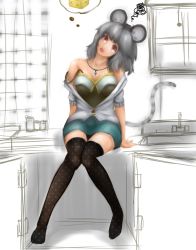 Rule 34 | 1girl, akaen pitsu, alternate costume, animal ears, berugamottotto, black thighhighs, cheese, contemporary, drooling, female focus, food, grey hair, head tilt, highres, jacket, jewelry, legs, mouse ears, mouse tail, nazrin, aged up, open clothes, open jacket, patterned legwear, pendant, polka dot, polka dot legwear, red eyes, short hair, sitting, sketch, solo, squiggle, strap slip, tail, thighhighs, touhou, unmoving pattern, unzipped, zettai ryouiki