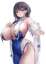 Rule 34 | 1girl, absurdres, azur lane, bare shoulders, breast curtains, breasts, cleavage, closed mouth, covered navel, curvy, dress, fur trim, hand on own chest, highres, huge breasts, medium hair, purple eyes, purple hair, see-through, smile, solo, ting an (azur lane), wide hips, wide sleeves, yuuki shuri