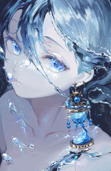 Rule 34 | 1girl, bare shoulders, blue eyes, blue hair, blue theme, check copyright, close-up, collarbone, copyright request, ear piercing, earrings, hair between eyes, hourglass, hyatsu, jewelry, liquid hair, looking at viewer, open mouth, original, piercing, topless, water