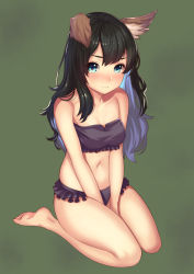 Rule 34 | 1girl, animal ears, aqua eyes, bare arms, bare legs, bare shoulders, barefoot, between legs, bikini, black hair, blue eyes, blue hair, blush, breasts, cleavage, closed mouth, collarbone, dog ears, artistic error, eyelashes, frilled bikini, frills, frown, full body, green background, hand between legs, highres, kagematsuri, long hair, looking at viewer, matching hair/eyes, multicolored hair, navel, nose blush, original, own hands together, purple bikini, seiza, simple background, sitting, soles, solo, stomach, swimsuit, tareme, thighs, toes, v arms, wariza