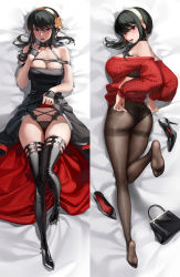 Rule 34 | 1girl, bed sheet, black choker, black dress, black footwear, black hair, black panties, black pantyhose, black thighhighs, boots, breasts, choker, cleavage, clothes lift, collarbone, dakimakura (medium), dress, dress lift, flower, from above, full body, hair flower, hair ornament, hairband, high heel boots, high heels, kyuri tizu, large breasts, leg up, lifted by self, long hair, looking at viewer, lying, off-shoulder sweater, off shoulder, on back, on stomach, open mouth, panties, panties under pantyhose, pantyhose, patent heels, pumps, red eyes, red sweater, rose, shoes, sleeveless, sleeveless dress, spy x family, stiletto heels, sweater, thigh boots, thighband pantyhose, thighhighs, underwear, white hairband, yellow flower, yellow rose, yor briar