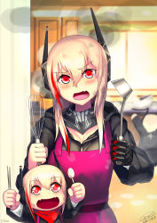 Rule 34 | 3girls, absurdres, apron, bad id, bad pixiv id, blush, chopsticks, fang, fangs, girls&#039; frontline, hair between eyes, headgear, highres, holding, holding chopsticks, holding ladle, holding spoon, indoors, ladle, leonat, long hair, long sleeves, looking at viewer, m4 sopmod ii (girls&#039; frontline), mechanical arms, mother and daughter, multicolored hair, multiple girls, open mouth, pink apron, pink hair, red eyes, red hair, single mechanical arm, skin fang, skin fangs, spoon, streaked hair