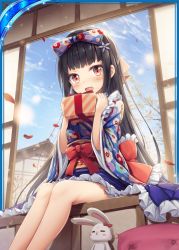 Rule 34 | 1girl, :d, akkijin, black hair, blue ribbon, blue sky, box, rabbit, card (medium), day, floral print, flower, gift, gift box, hair flower, hair ornament, hair ribbon, indoors, japanese clothes, long hair, looking at viewer, official art, open mouth, open window, orange eyes, print ribbon, red ribbon, ribbon, shinkai no valkyrie, sitting, sky, smile, solo, stuffed animal, stuffed rabbit, stuffed toy, window