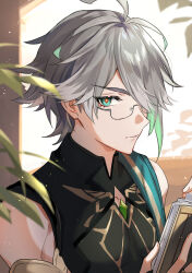 Rule 34 | 1boy, alhaitham (genshin impact), antenna hair, bare shoulders, bespectacled, black shirt, bloom, book, chest jewel, closed mouth, commentary, eyelashes, gem, genshin impact, glasses, green eyes, green gemstone, green hair, grey hair, hair over one eye, hands up, highres, holding, holding book, indoors, light particles, looking at viewer, male focus, miz (mi), multicolored hair, one eye covered, parted bangs, plant, semi-rimless eyewear, serious, shirt, short hair, sleeveless, sleeveless shirt, solo, streaked hair, swept bangs, symbol-only commentary, under-rim eyewear, upper body, v-shaped eyebrows, window