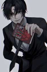Rule 34 | 1boy, absurdres, black eyes, black hair, black jacket, black necktie, black suit, book, chrollo lucilfer, collared shirt, commentary, cross, earrings, facial tattoo, forehead tattoo, formal, grey background, grey shirt, hand in pocket, handprint, headband, highres, holding, holding book, hunter x hunter, inverted cross, jacket, jewelry, long sleeves, looking at viewer, lower teeth only, male focus, necktie, open mouth, parted bangs, shirt, short hair, simple background, smile, solo, suit, tattoo, teeth, white headband, yohane (yohane007)