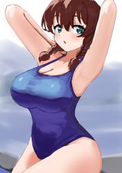 Rule 34 | 1girl, absurdres, armpits, arms behind head, breasts, brown hair, cleavage, emma verde, highres, large breasts, love live!, love live! nijigasaki high school idol club, one-piece swimsuit, school swimsuit, solo, swimsuit