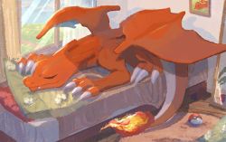 Rule 34 | bed, charizard, charmander, claws, closed eyes, closed mouth, creatures (company), curtains, day, fang, fang out, flame-tipped tail, full-length mirror, game freak, gen 1 pokemon, indoors, lying, mattress, mirror, mo~zu, nintendo, no humans, on bed, on stomach, photo (object), poke ball, poke ball (basic), pokemon, pokemon (creature), sleeping, solo, window