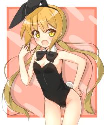 Rule 34 | 10s, 1girl, animal ears, bad id, bad pixiv id, blonde hair, bow, bowtie, detached collar, fake animal ears, fang, highres, kantai collection, leotard, long hair, playboy bunny, rabbit ears, rateratte, satsuki (kancolle), school uniform, simple background, solo, twintails, yellow eyes
