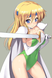 Rule 34 | 1990s (style), 1girl, armor, between breasts, blonde hair, blue eyes, blush, breasts, cape, celes chere, elbow gloves, final fantasy, final fantasy vi, gloves, headband, highleg, highleg leotard, large breasts, leotard, long hair, nagase haruhito, pauldrons, shoulder armor, solo, sword, weapon