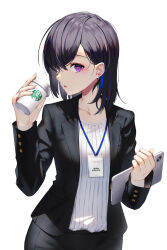 Rule 34 | 1girl, :o, alternate costume, alternate hairstyle, black hair, black jacket, black pants, blue hair, character name, collarbone, cup, disposable coffee cup, disposable cup, earrings, eyeshadow, formal, hair between eyes, highres, holding, holding cup, holding tablet pc, ichinose uruha, id card, jacket, jewelry, lanyard, long hair, long sleeves, looking at viewer, makeup, medium hair, multicolored hair, office lady, pants, purple eyes, red eyeshadow, ribbed shirt, shioneko (0202), shirt, simple background, solo, starbucks, streaked hair, stud earrings, suit, tablet pc, virtual youtuber, vspo!, white background, white shirt, yellow nails