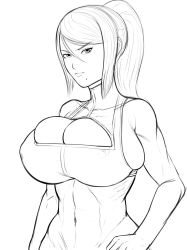Rule 34 | 1girl, abs, artist request, breasts, cleavage, female focus, highres, huge breasts, looking at viewer, metroid, mole, monochrome, navel, nintendo, ponytail, samus aran, simple background, solo, sports bra