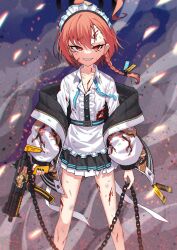 Rule 34 | 1girl, absurdres, ahoge, apron, bare legs, bleeding, blood, blood on face, blood on leg, blue archive, braid, chain, collared shirt, cuts, embers, feet out of frame, film grain, frilled apron, frilled shirt, frills, grin, gun, halo, highres, holding, holding gun, holding weapon, injury, jacket, jacket partially removed, legs, long sleeves, looking at viewer, maid headdress, necktie, neru (blue archive), off shoulder, open collar, orange eyes, orange hair, puffy sleeves, shirt, sig mpx, smile, smoke, solo, submachine gun, sukajan, tyobis., undone necktie, waist apron, weapon, white apron, white shirt