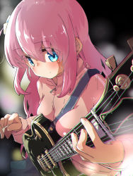 Rule 34 | 1girl, absurdres, blue eyes, blurry, blurry background, bocchi the rock!, chromatic aberration, cube hair ornament, gotoh hitori, guitar, hair ornament, highres, holding, holding plectrum, instrument, megateru, pink hair, plectrum, solo