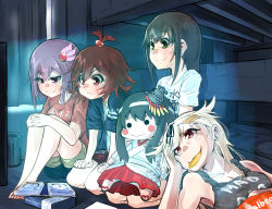 Rule 34 | 10s, 4girls, alternate costume, alternate hairstyle, bad id, bad pixiv id, barefoot, black hair, blonde hair, box, brown hair, casual, character doll, chips (food), clothes writing, food, fubuki (kancolle), fusou (kancolle), green eyes, hair bobbles, hair ornament, hairclip, jacket, kantai collection, kisaragi (kancolle), long hair, mouth hold, multiple girls, mutsuki (kancolle), mutsuki kai ni (kancolle), potato chips, red eyes, sitting, television, topknot, watching, watching television, yuudachi (kancolle), yuudachi kai ni (kancolle), zombie mogura