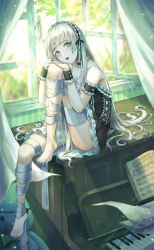 Rule 34 | 1girl, bare shoulders, barefoot, breasts, cleavage, collarbone, day, green eyes, highres, indoors, instrument, kimsw0522, large breasts, long hair, looking at viewer, maid, maid headdress, original, parted lips, piano, sheet music, silver hair, sitting, solo, window