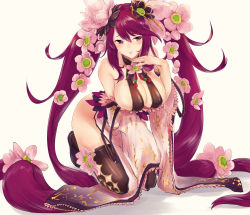 Rule 34 | atsajh, bent over, breasts, cleavage, flower, flower knight girl, hair flower, hair ornament, large breasts, long hair, looking at viewer, purple eyes, purple hair, shuumeigiku (flower knight girl), solo, twintails, very long hair, white background
