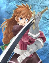 Rule 34 | 1girl, ahoge, armor, belt, belt buckle, blue eyes, braid, breasts, brown hair, buckle, closed mouth, commentary request, elmina niet, facing viewer, fighting stance, gloves, green ribbon, hair ornament, hair ribbon, hand up, happy, holding, holding sword, holding weapon, knight, link (aa30), long hair, looking at viewer, low-tied long hair, medium breasts, pauldrons, ribbon, shoulder armor, single braid, smile, solo, standing, sword, weapon, wild arms, wild arms 1