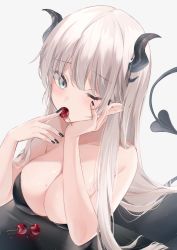 Rule 34 | 1girl, black nails, black shirt, blue eyes, breast rest, breasts, breasts on table, cherry, cleavage, commentary, copyright request, demon girl, demon horns, demon tail, eating, food, fruit, hand on own cheek, hand on own face, harui (hr x9 ), highres, horns, large breasts, long hair, looking at viewer, nail polish, one eye closed, pointy ears, shirt, simple background, solo, symbol-only commentary, tail, white background, white hair