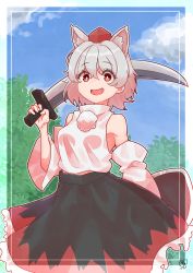 Rule 34 | 1girl, :d, absurdres, animal ears, bare shoulders, black skirt, blue sky, cloud, detached sleeves, fang, frilled skirt, frills, grey hair, hat, highres, holding, holding shield, holding sword, holding weapon, inubashiri momiji, looking at viewer, open mouth, outdoors, pom pom (clothes), red eyes, red hat, shield, shirt, short hair, skirt, sky, smile, solo, sword, tokin hat, touhou, weapon, white shirt, wide sleeves, wolf ears, zanasta0810