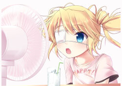 Rule 34 | 1girl, blonde hair, blue eyes, clothes writing, collarbone, commentary request, drinking straw, electric fan, eyepatch, fang, floating hair, long hair, nakatsu shizuru, one eye covered, open mouth, pink shirt, rewrite, shirt, short sleeves, simple background, solo, tagame (tagamecat), twintails, upper body, variant set, white background