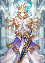 Rule 34 | 1girl, armor, armored dress, blonde hair, blue flower, blue rose, bridal gauntlets, church, crown, dress, earrings, flower, hair flower, hair ornament, hands on own chest, jewelry, long dress, long hair, original, own hands together, patterned, pillar, purple eyes, ran&#039;ou (tamago no kimi), rose, sheath, sheathed, smile, solo, sword, weapon