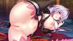 Rule 34 | 1girl, anus, asahina hikage, baffu, bed, blush, breast press, breasts, breasts out, censored, evelyn devolgard, female focus, game cg, groin, highres, indoors, large breasts, leg up, legs, light purple hair, looking at viewer, lying, maokatsu! maou to yuusha no idol seikatsu, mosaic censoring, navel, nipples, no panties, on bed, on side, original, parted lips, pillow, presenting, presenting pussy, pussy, pussy juice, red eyes, solo, sweat, thighhighs, thighs, wet