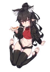 Rule 34 | 1girl, animal ear fluff, animal ears, black choker, black hair, black jacket, black shorts, black thighhighs, breasts, choker, commission, crop top, cropped jacket, eating, extra ears, food, frown, hair between eyes, halterneck, highleg, highleg panties, highres, jacket, long hair, long sleeves, looking at viewer, micro shorts, midriff, navel, open clothes, open fly, open jacket, original, panties, pizza, pizza slice, podo (hrodvitnir), pointy ears, ponytail, red eyes, red shirt, revealing clothes, second-party source, shirt, shorts, sidelocks, simple background, sitting, skindentation, sleeveless, sleeveless shirt, small breasts, solo, stirrup legwear, stomach, string panties, supernew, thigh gap, thighhighs, thighs, toeless legwear, underwear, v-shaped eyebrows, very long hair, wariza, white background, wolf ears