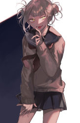 Rule 34 | 1girl, black background, blonde hair, blue sailor collar, blue skirt, blush, boku no hero academia, brown sweater, collarbone, commentary, cowboy shot, fangs, finger to mouth, fumi (rdbm), hand on own thigh, highres, looking at viewer, messy hair, neckerchief, open mouth, pleated skirt, red neckerchief, sailor collar, school uniform, serafuku, shaded face, shadow, skirt, slit pupils, solo, spread fingers, standing, sweater, toga himiko, tongue, tongue out, white background, yellow eyes