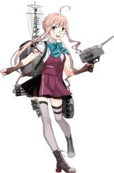 Rule 34 | 1girl, ahoge, blouse, braid, crown braid, depth charge, depth charge projector, dress, fingerless gloves, french braid, fujikawa, full body, glasses, gloves, grey thighhighs, kantai collection, long hair, machinery, makigumo (kancolle), makigumo kai ni (kancolle), official art, open mouth, pink hair, pleated skirt, rigging, shirt, short sleeves, skirt, smile, solo, teeth, thighhighs, torpedo launcher, torpedo tubes, transparent background, turret, twintails, upper teeth only, vest, white shirt, zettai ryouiki