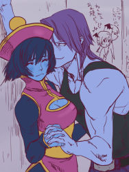 Rule 34 | 1boy, 1girl, against wall, blue hair, blue skin, cleavage cutout, clothing cutout, colored skin, couple, closed eyes, holding hands, hat, hetero, interlocked fingers, lei lei, lilith aensland, morrigan aensland, muscular, nervous, no pupils, purple hair, setsura (artist), short hair, sleeves past wrists, tank top, translation request, vampire (game), wavy mouth, zabel zarock
