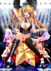 Rule 34 | 1girl, arm up, asymmetrical legwear, bad id, bad pixiv id, bangle, bare shoulders, black thighhighs, blonde hair, blue eyes, bow, bracelet, breasts, choker, cleavage, cross-laced footwear, crown, eyepatch, female focus, flower, frills, full body, glint, hair flower, hair ornament, hairclip, hand in own hair, headphones, headset, heart, heart hair ornament, highres, idol, jewelry, knees together feet apart, large breasts, long hair, looking at viewer, microphone, midriff, mini crown, mismatched legwear, music, musical note, nail polish, navel, open mouth, original, phonic, platform footwear, red nails, reflection, ribbon, ribbon trim, shoes, single thighhigh, sitting, solo, sparkle, spotlight, star (symbol), stuffed animal, stuffed rabbit, stuffed toy, thighhighs, very long hair