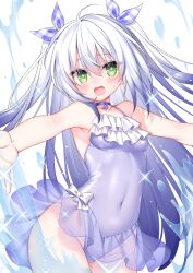 Rule 34 | 0 0, 1girl, :d, bare arms, bare shoulders, blue choker, blush, bow, breasts, choker, collarbone, commission, covered navel, fang, flower knight girl, frilled one-piece swimsuit, frills, green eyes, grey hair, groin, hair between eyes, hair ribbon, highres, long hair, looking at viewer, one-piece swimsuit, open mouth, pixiv commission, plaid, plaid ribbon, purple one-piece swimsuit, ribbon, sacraneco, scilla (flower knight girl), see-through, simple background, small breasts, smile, solo, swimsuit, two side up, unmoving pattern, very long hair, water, white background, white bow