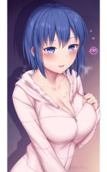 Rule 34 | 1girl, absurdres, blue eyes, blue hair, blush, breasts, ciel (tsukihime), cleavage, collarbone, commentary request, hair between eyes, heart, heart-shaped pupils, hickey, highres, hood, hood down, hoodie, large breasts, long sleeves, looking at viewer, open mouth, pillarboxed, pink hoodie, short hair, smile, solo, soukitsu, sweat, symbol-shaped pupils, tsukihime, tsukihime (remake), twitter username, zipper
