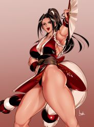 Rule 34 | 1girl, armor, armpits, black hair, bowalia, breasts, brown eyes, cleavage, cowboy shot, fatal fury, folding fan, gradient background, hair ribbon, hand fan, hand on own hip, high ponytail, highleg, highleg panties, holding, holding fan, japanese armor, kote, large breasts, long hair, ninja, no bra, obi, open mouth, outstretched arm, panties, pelvic curtain, pink background, ponytail, revealing clothes, ribbon, rope, sash, shimenawa, shiranui mai, sideboob, signature, sleeveless, solo, standing, teeth, the king of fighters, thick thighs, thighs, underwear, upper teeth only