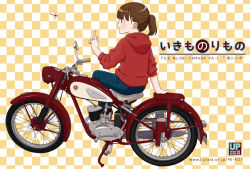 Rule 34 | 1girl, arm support, brown hair, bug, checkered background, denim, dragonfly, hood, hoodie, index finger raised, insect, jeans, motor vehicle, motorcycle, open mouth, original, pants, ponytail, red hoodie, sato miiko, sitting, solo, watermark, web address, yamaha