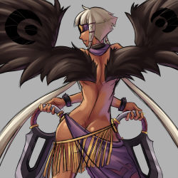 Rule 34 | 1girl, ass, ayla shamalu, bad idea, black wings, blade, blindfold, bracelet, butt crack, contrapposto, dark skin, dark-skinned female, dual wielding, from behind, highres, holding, jewelry, long hair, monster, monster girl, no panties, open mouth, original, parted lips, sarong, scarf, solo, standing, tengu, topless, twintails, very long hair, white hair, wings