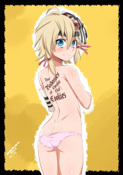 Rule 34 | &gt;:), 1girl, 2014, artist name, ass, back, back tattoo, bad id, bad pixiv id, bags under eyes, bandages, blonde hair, blue eyes, borderlands (series), borderlands 2, butt crack, cowboy shot, dated, english text, highres, looking at viewer, looking back, mask, mask on head, panties, pink panties, solo, stormcow, tattoo, tiny tina, topless, underwear, underwear only, v-shaped eyebrows