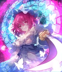 Rule 34 | 1girl, blue hat, blue kimono, bug, butterfly, chiroru (cheese-roll), closed mouth, hat, hexagon, highres, holding, holding sword, holding weapon, insect, japanese clothes, kimono, long sleeves, looking at viewer, mob cap, pink eyes, pink hair, saigyouji yuyuko, short hair, solo, sword, touhou, triangular headpiece, weapon, wide sleeves