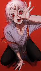Rule 34 | 1boy, :o, absurdres, androgynous, arm support, black pants, collarbone, grey background, hair ornament, hairclip, highres, looking at viewer, male focus, ok sign, ok sign over eye, pants, red background, red eyes, shirt, short hair, simple background, solo, squatting, stitches, suspenders, suzuya juuzou, teeth, tian lu, tokyo ghoul, white hair, x hair ornament