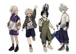 Rule 34 | 4boys, aged down, ahoge, alhaitham (genshin impact), animal ears, black footwear, black hair, blonde hair, book, character request, child, closed mouth, commentary request, cyno (genshin impact), dark-skinned male, dark skin, fox ears, genshin impact, grey hair, hair between eyes, highres, holding, holding book, holding umbrella, jacket, kaveh (genshin impact), long hair, long sleeves, looking at viewer, looking to the side, male focus, multicolored hair, multiple boys, no6 gnsn, outstretched arm, overalls, red eyes, short hair, shorts, simple background, smile, tail, tighnari (genshin impact), umbrella, white hair