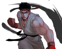 Rule 34 | bad id, bad pixiv id, black hair, brown eyes, dougi, fighting stance, fingerless gloves, gloves, headband, highres, karate gi, looking at viewer, male focus, muscular, punching, red gloves, red headband, ryu (street fighter), standing, street fighter, street fighter v, tv (dvtoro229)