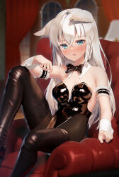Rule 34 | 1girl, ahoge, animal ear fluff, animal ears, arm garter, black footwear, black leotard, black pantyhose, blurry, blurry background, blush, boots, braid, breasts, commentary request, couch, detached collar, earrings, ears down, fox ears, fox girl, green eyes, hair between eyes, highres, hololive, indoors, jewelry, knee up, leotard, long hair, looking at viewer, open mouth, pantyhose, playboy bunny, shirai yu, shirakami fubuki, sidelocks, single braid, sitting, small breasts, solo, thigh boots, virtual youtuber, white hair, wrist cuffs
