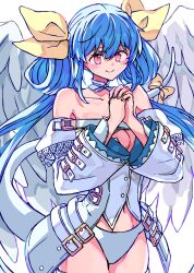 Rule 34 | 1girl, absurdres, alternate color, angel wings, asymmetrical wings, bare shoulders, belt, blue hair, blush, breasts, cleavage, closed mouth, detached collar, detached sleeves, dizzy (guilty gear), groin, guilty gear, guilty gear xrd, hair ribbon, hair rings, highres, ktknpdy, large breasts, midriff, monster girl, navel, off shoulder, own hands together, panties, red eyes, ribbon, showgirl skirt, sidelocks, simple background, skirt, smile, solo, tail, tail ornament, tail ribbon, thighs, twintails, underwear, white background, white panties, wide sleeves, wings, yellow ribbon