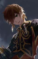 Rule 34 | 10s, 1boy, brown hair, capelet, dark persona, earrings, feather earrings, feathers, gloves, green eyes, grey sky, hilt, holding, holding weapon, jewelry, long sleeves, looking at viewer, male focus, open mouth, qitoli, shaded face, shadow, sky, solo, sorey (tales), sword, tales of (series), tales of zestiria, weapon