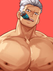 Rule 34 | 1boy, bara, bare shoulders, black eyes, cigar, collarbone, facial hair, highres, huge pectorals, long sideburns, looking down, male focus, mature male, muscular, muscular male, nipples, one piece, pectoral focus, pectorals, red background, scar, scar on face, short hair, sideburns, smoker (one piece), smoking, solo, stubble, topless male, user gggs3572, v-shaped eyebrows, white hair