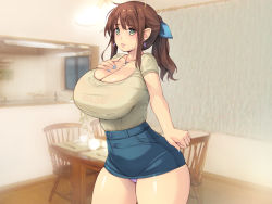Rule 34 | 1girl, arm at side, blush, breasts, brown hair, chair, cleavage, earrings, eyebrows hidden by hair, feet out of frame, female focus, green eyes, groin, hand on own chest, hand up, high ponytail, huge breasts, indoors, jewelry, legs, looking at viewer, nail polish, one side up, original, skirt, solo, standing, table, thighs, yoko juusuke