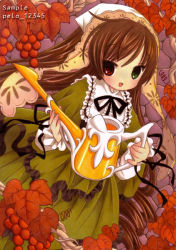Rule 34 | 1girl, black ribbon, brown hair, dress, food, frills, fruit, grapes, green dress, green eyes, hat, heterochromia, holding, lace, lace-trimmed ribbon, lace trim, long hair, looking at viewer, neck ribbon, open mouth, peloli, plant, red eyes, ribbon, rozen maiden, solo, suiseiseki, very long hair, watering can, white hat