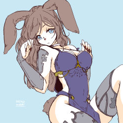 1girl animal_ears blue_background blue_dress blue_eyes breasts brown_hair choker cleavage dress final_fantasy final_fantasy_xiv fingernails large_breasts lili_mdoki long_fingernails long_hair looking_at_viewer lying on_back pelvic_curtain rabbit_ears rabbit_tail revealing_clothes solo tail viera warrior_of_light_(ff14)