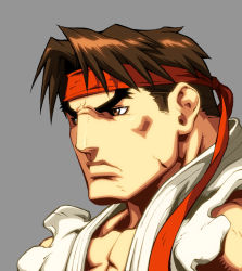Rule 34 | 1990s (style), 1boy, alvin lee, angry, brown hair, capcom, close-up, dougi, eyebrows, frown, grey background, headband, japanese clothes, looking away, male focus, muscular, official art, orange eyes, parted bangs, pectorals, retro artstyle, ryu (street fighter), short hair, simple background, sleeveless, solo, street fighter, street fighter ii (series), thick eyebrows, udon entertainment
